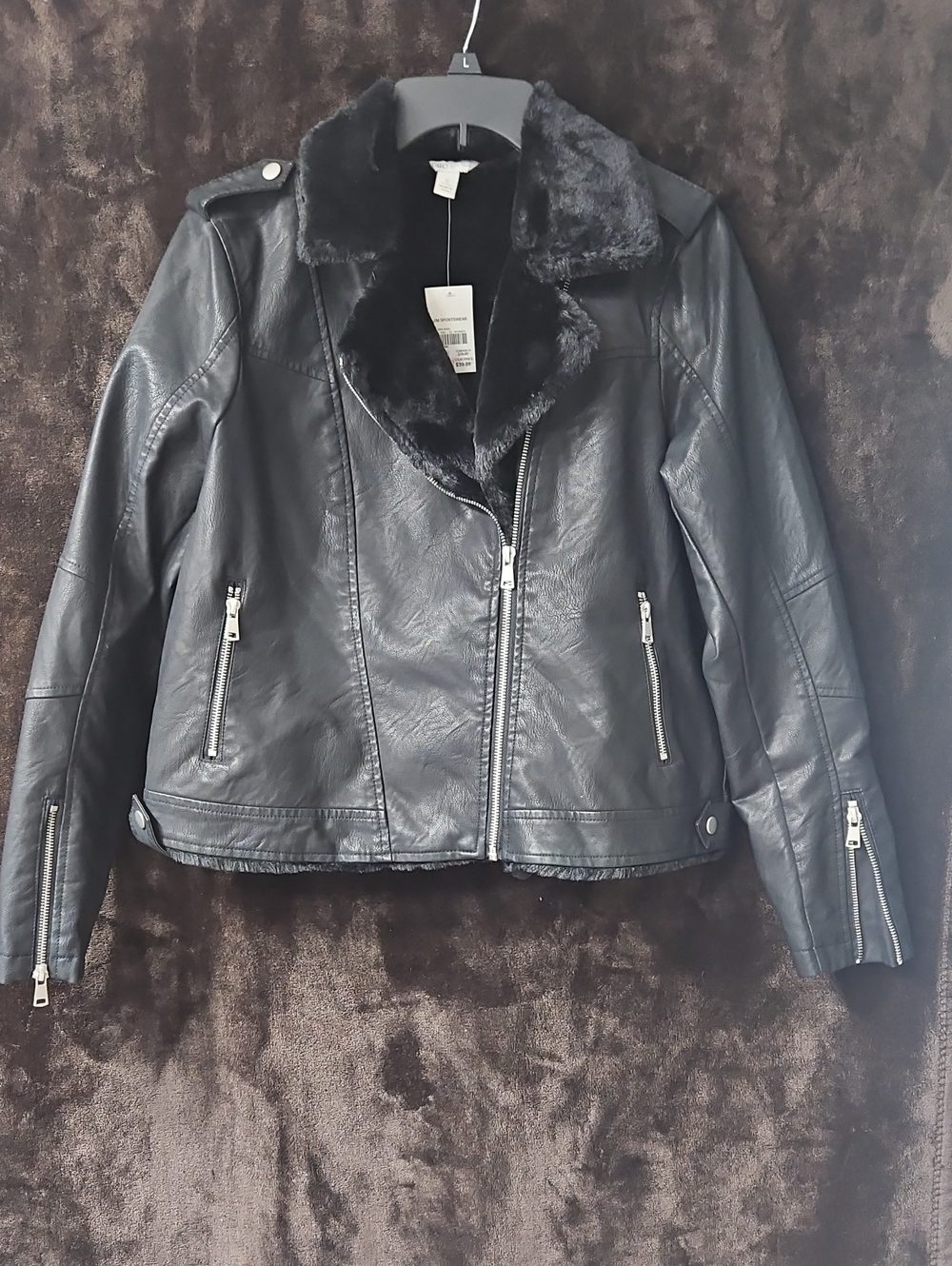 Cato Black Faux Leather Moto Jacket with Faux Fur Trim
